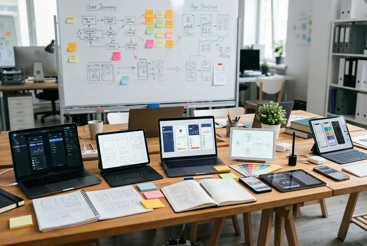 Team workspace with laptops and tablets showing custom mobile app designs and wireframes spread across surfaces, collaborative design environment