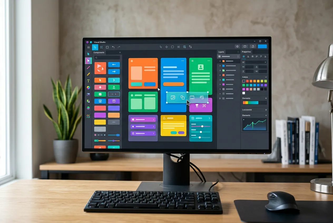 Close-up of a desktop monitor displaying a colorful visual editor with draggable interface components and design tools, clean workspace