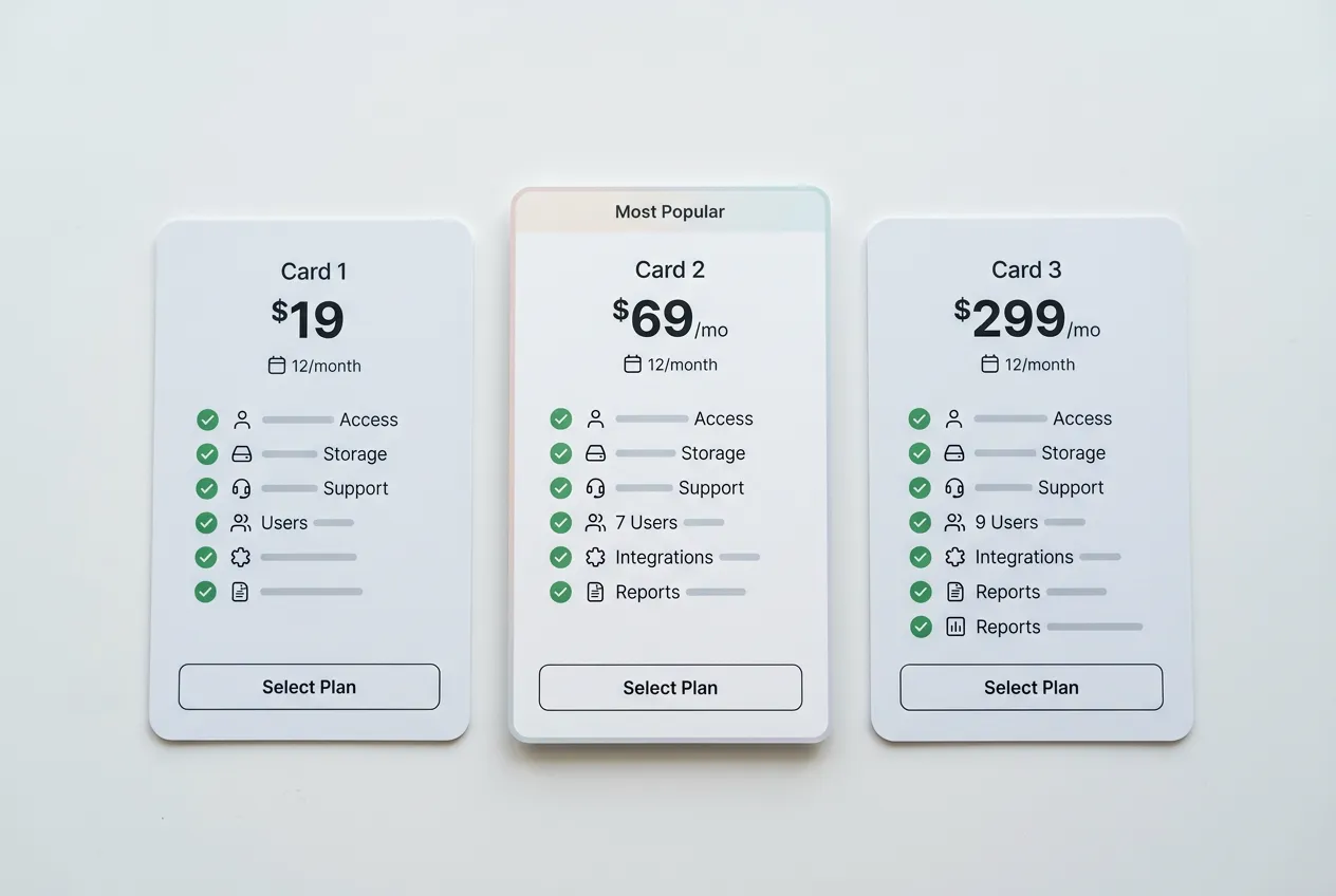 Three pricing tiers displayed as cards with checkmarks and features listed, clean modern layout on white background with subtle shadows